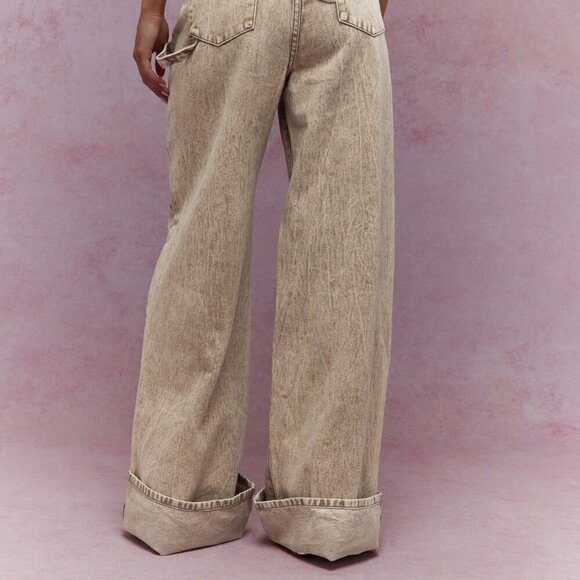 Khaki Casual Women's Washed Folded Hem Straight Leg Jeans - Picture 3 of 4